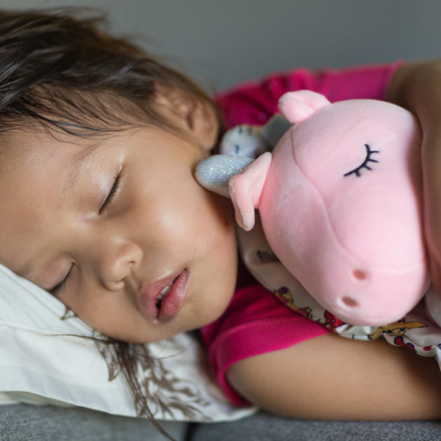 Una niña pequeña durmiendo con un cerdito de peluche.